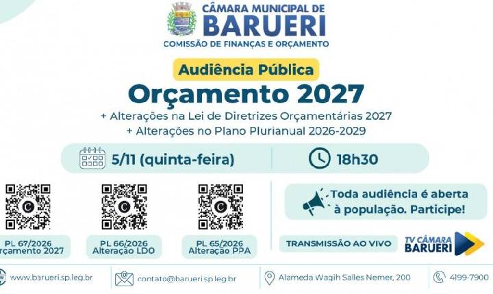Comissão de Finanças convoca audiência pública para discutir orçamento de Barueri para 2027
