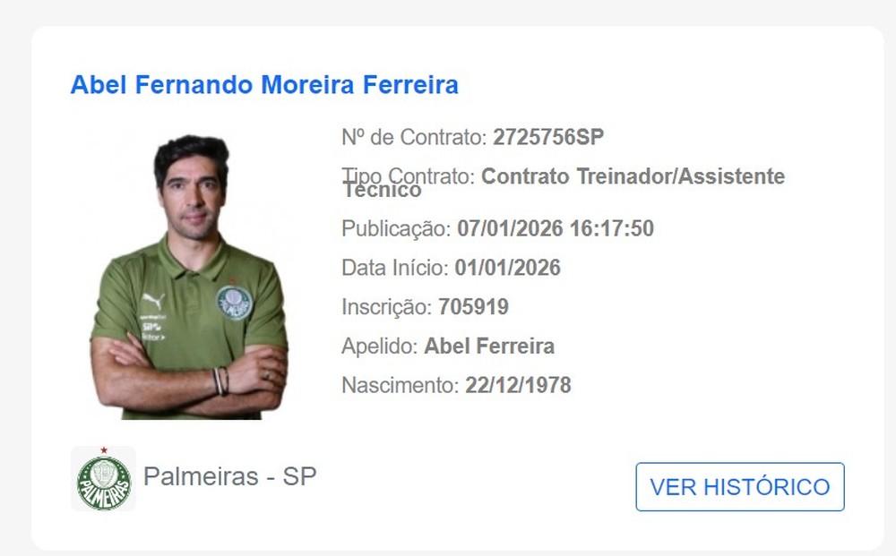 Novo contrato de Abel Ferreira com o Palmeiras é registrado no BID