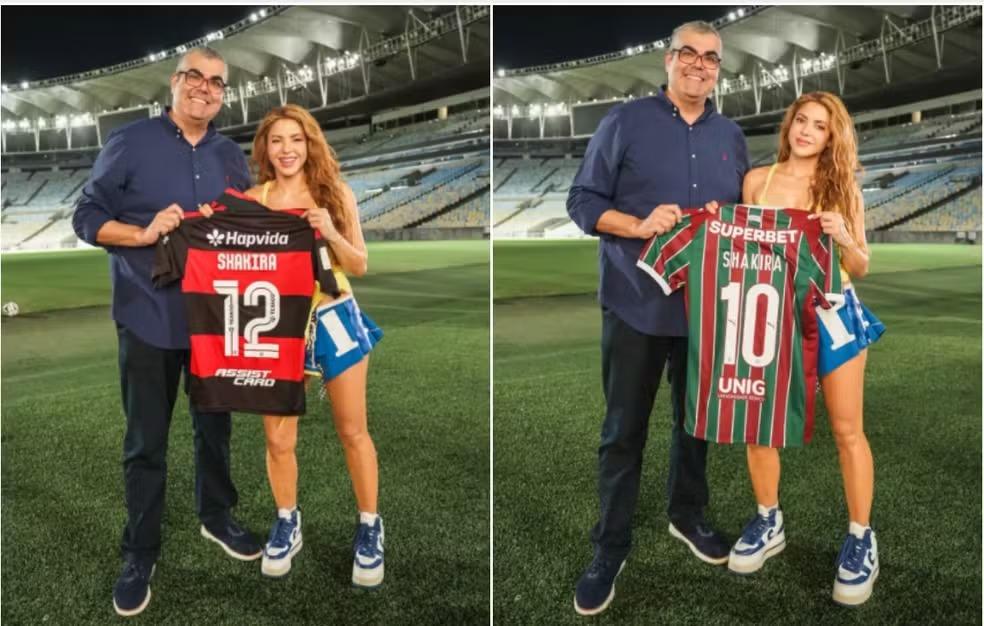 Shakira vai ao Maracanã antes de show no Rio e posa com as camisas de Flamengo e Fluminense; fotos
